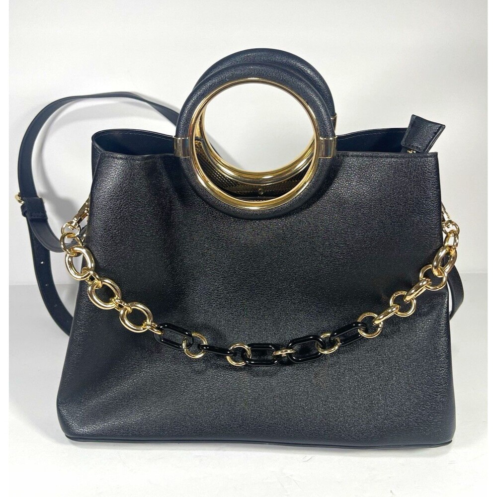 ALDO Black Satchel Top Handle Bag Gold Ring Handles Chain Accent Detachable